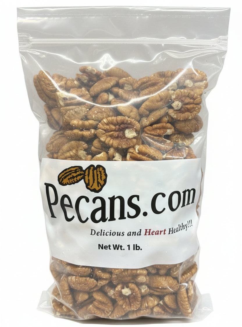 1 pound bag Pecans.com fresh shelled Pecan Halves. 4 cups , perfect for a pie!
at Pecans.com or the Cabin