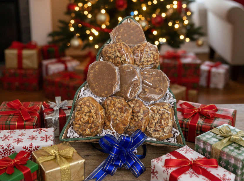 pecan pralines in a wicker tree basket, 6 creamy pralines, 6 chewy pralines