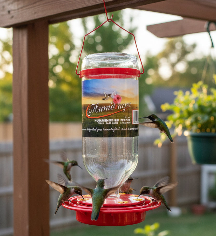 Hummingbird feeder with red base and clear container on a white background