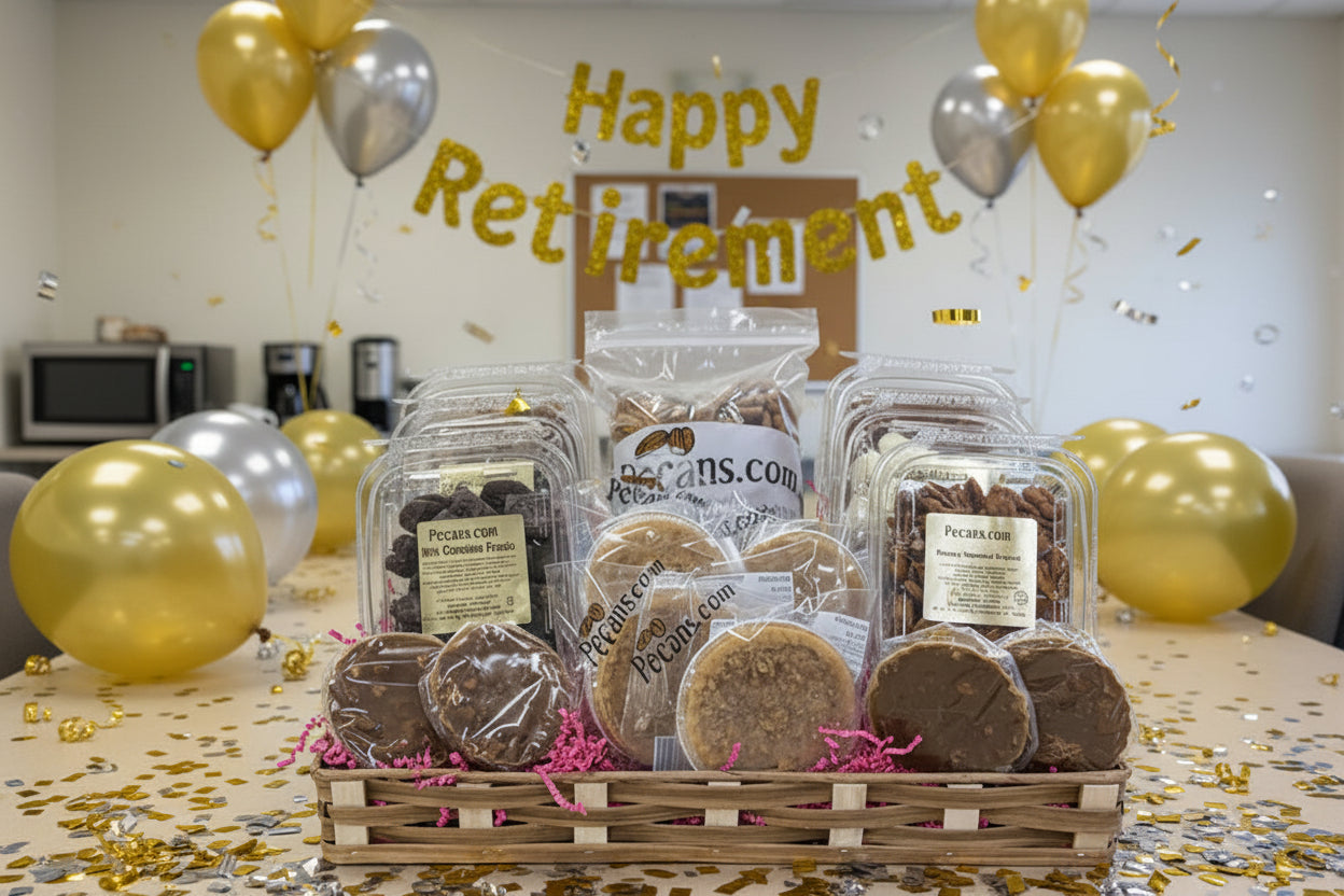 Pecan Taster Basket by Pecans.com, Pecan pie tarts, Pecan pralines, raw pecans, roasted and chocolate pecans.