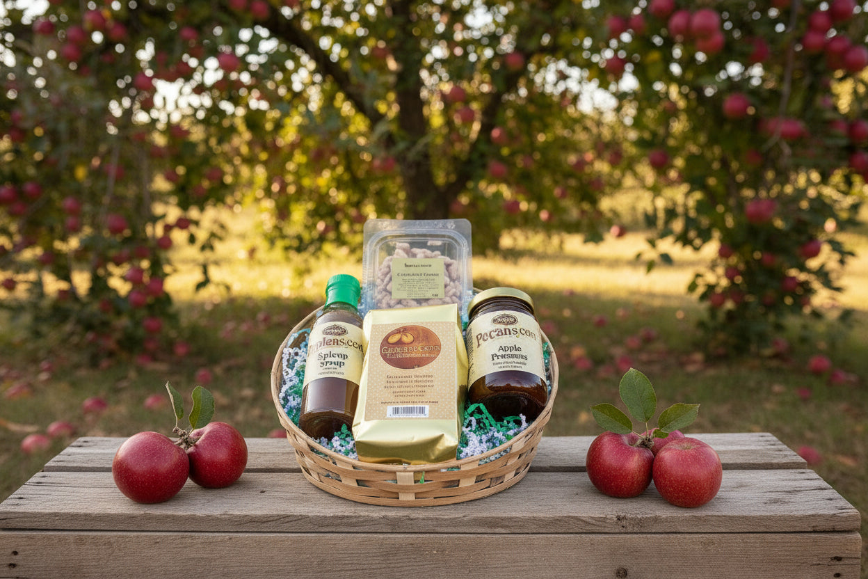 Apple Pie Pecans, Caramel Pecan Coffee, Apple preserves and Apple Pie Syrup in a re-usable wicker basket. for your apple loving friend