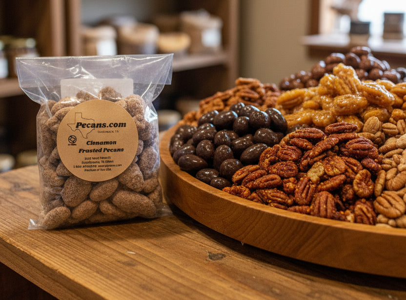 Cinnamon frosted pecans made in Pecans.com's kitchen fresh and full of flavor.