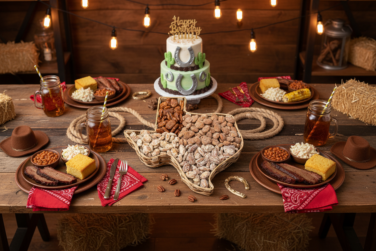 Texas Frosted Pecans in a splendid Texas shaped wicker basket