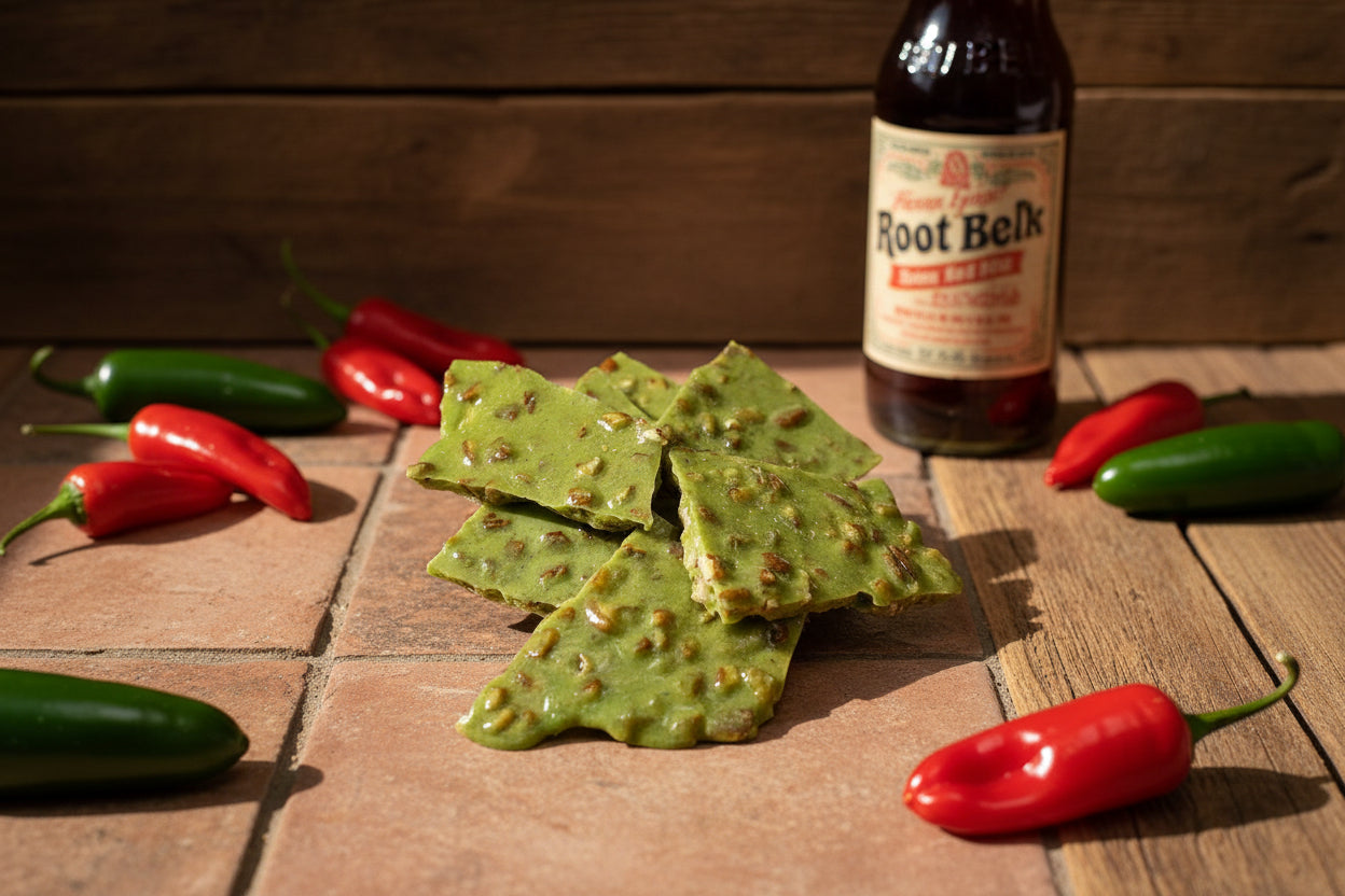 Green brittle with pecans on a white background