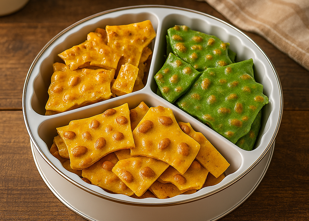 Pecan, jalapeno pecan, and peanut brittle all in one tin