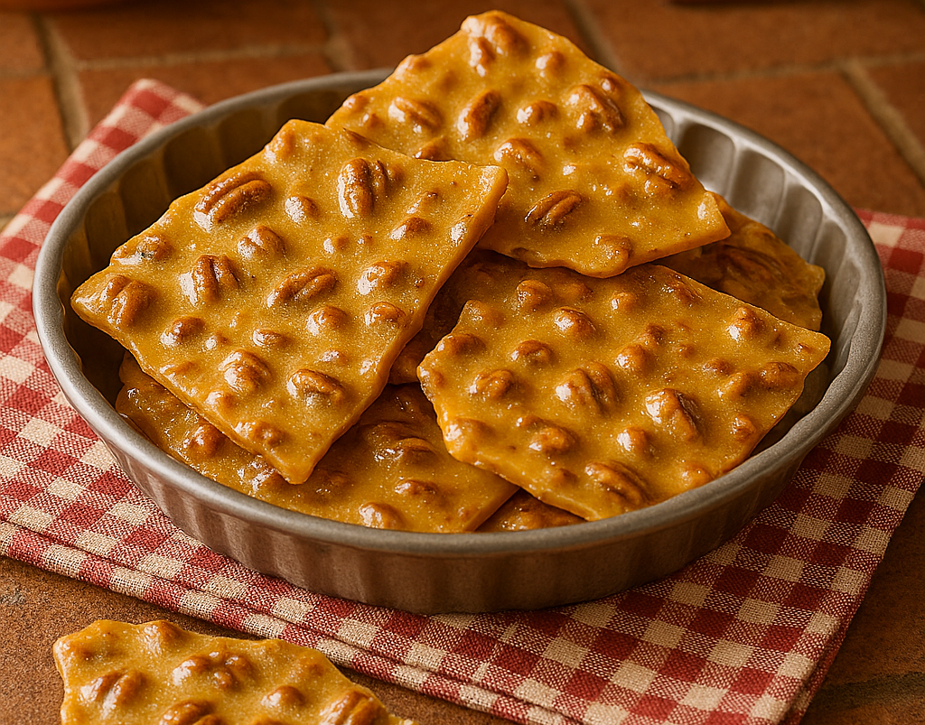 Tin of pecan brittle, not just brittle, pecan brittle!