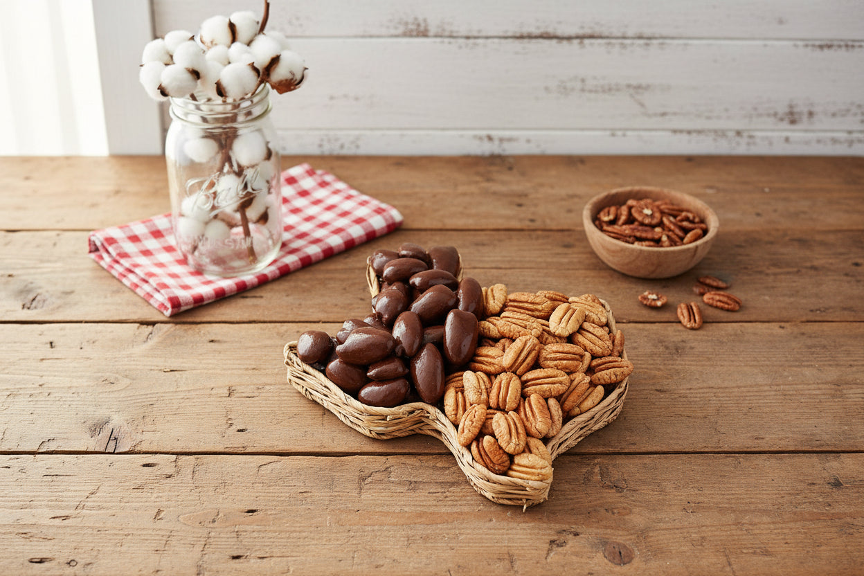 Chocolate-covered and plain pecans shaped like a Texas map on a white background
