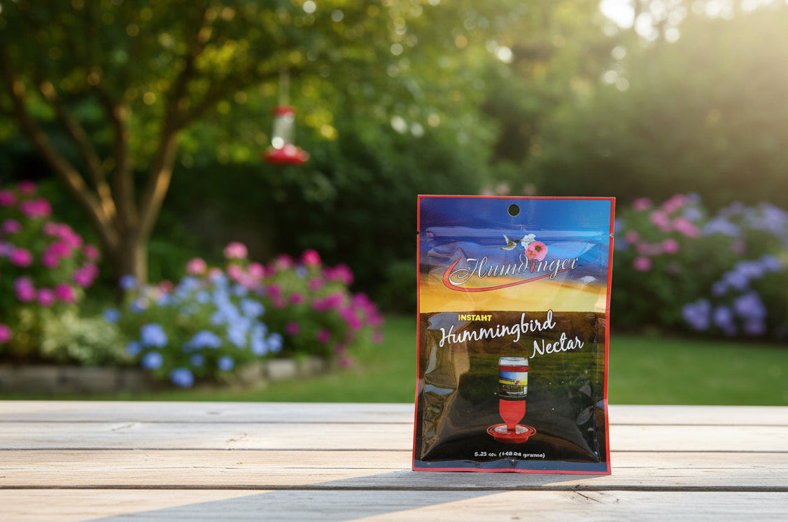 Package of Hummingbird Nectar with a scenic design on the background