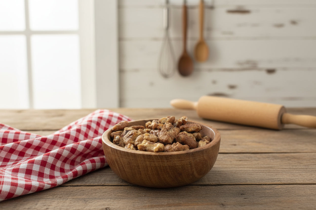 Wooden bowl filled with roasted nuts on a gray surface