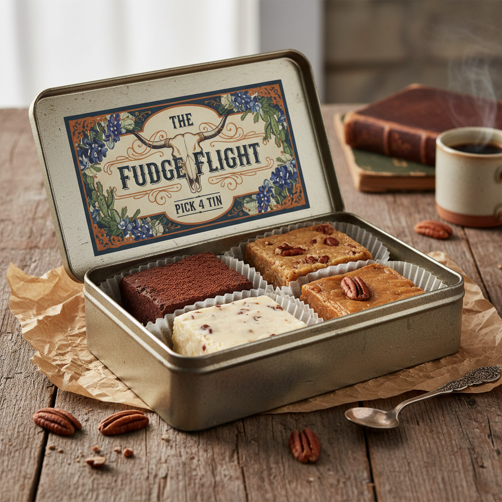 A premium gift tin with 4 assorted handcrafted Texas fudge flavors