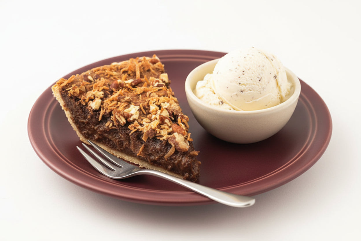Slice of German chocolate pecan pie with coconut topping