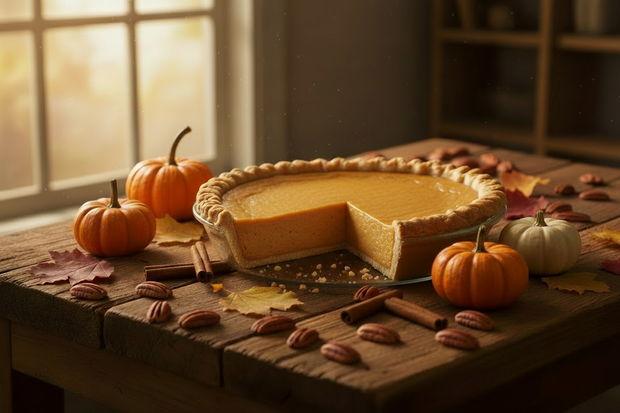 Pumpkin pie on a wooden table with pumpkins and cinnamon sticks, warm lighting.
