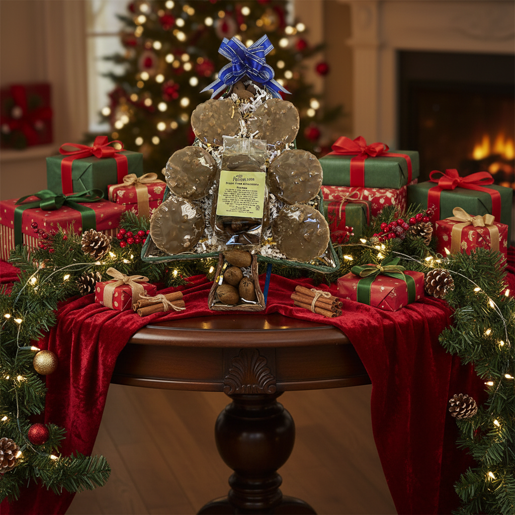 Splenda pralines and sugar free chocolate pecans in a wicker tree basket