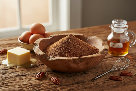 Pecan meal in a rustic wooden bowl surrounded by baking ingredients including eggs, butter, and vanilla on a wood surface