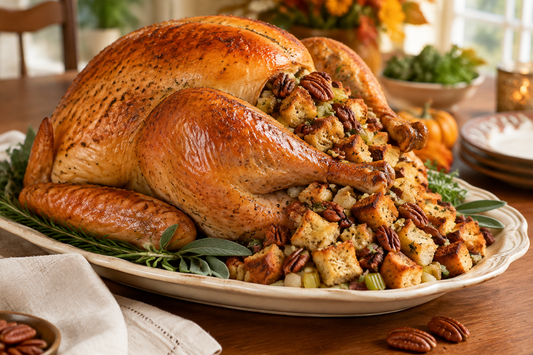Golden roasted turkey with pecan and bread stuffing on a platter garnished with sage.