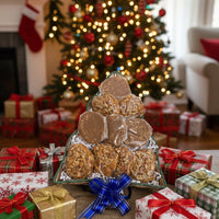 pecan pralines in a wicker tree basket, 6 creamy pralines, 6 chewy pralines