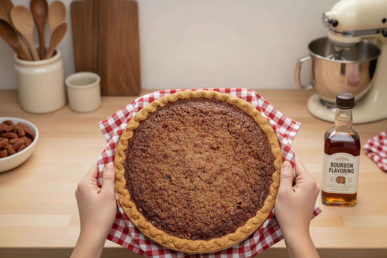 Person holding a pecan pie on a checkered cloth with a bottle of bourbon nearby in a kitchen setting.