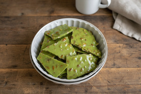 Jalapeno Pecan brittle in a tin. Pecan brittle with a kick.