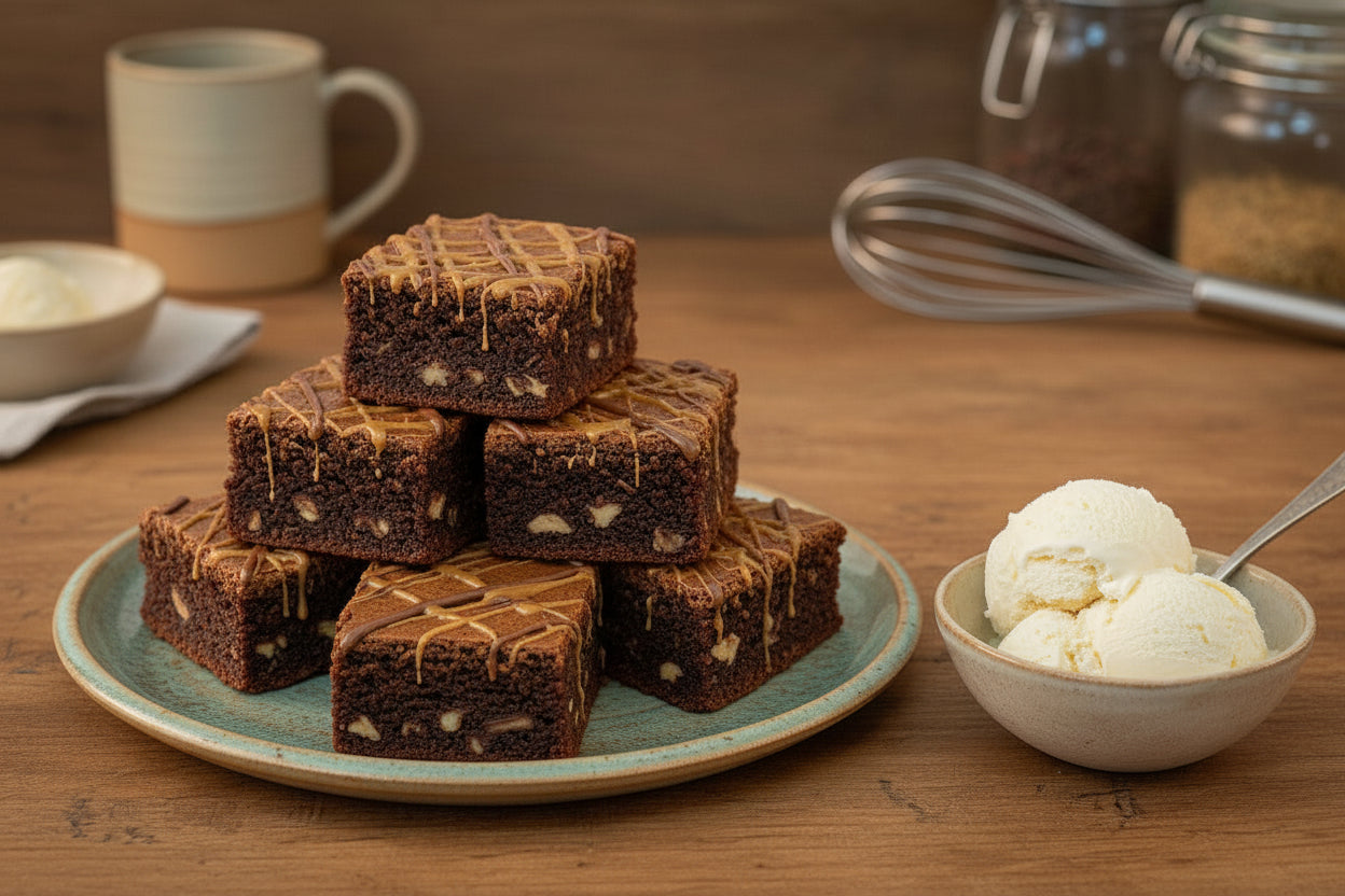 Caramel Pecan Brownies sheet cake, single serve or bite sized, chewy, chocolatey and divine.