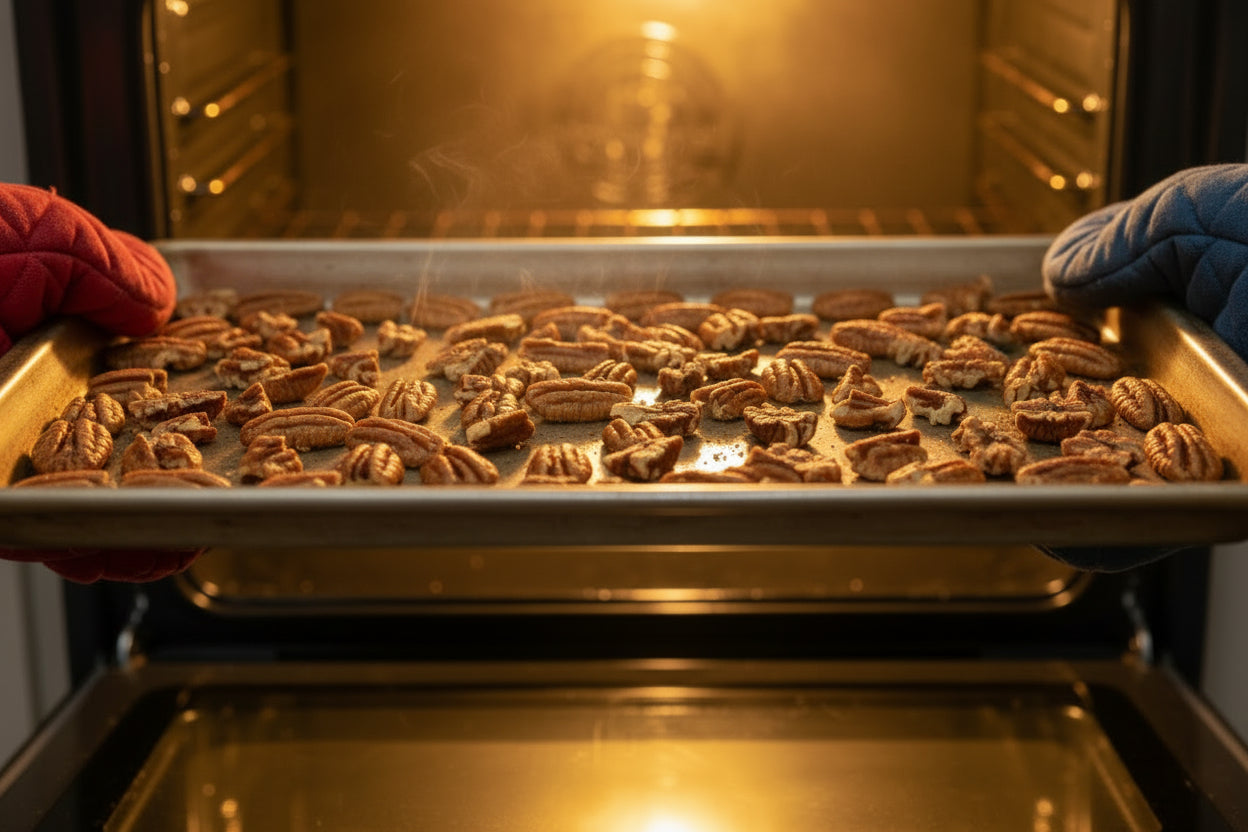 Dry Roasted Pecans, no additives, in a 25lb Box.  Toasted When you order. Pecans.com offers bulk for your wholesale needs.