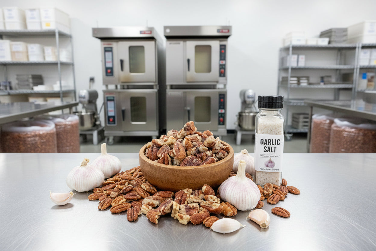 Garlic Roasted Pecans in bulk 25lb box. Each box toasted when you order. Pecans.com offers bulk for your wholesale needs.
