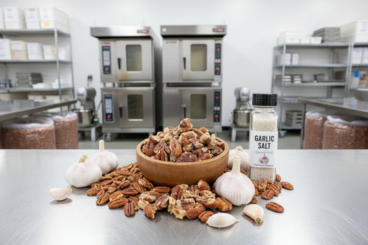 Garlic Roasted Pecans in bulk 25lb box. Each box toasted when you order. Pecans.com offers bulk for your wholesale needs.