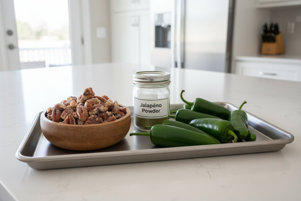 Jalapeno Roasted Pecans in a bulk 25lb box. Each box toasted when you order. Pecans.com offers bulk for your wholesale needs.