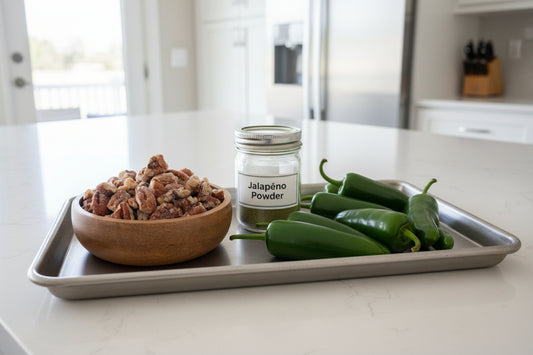 Jalapeno Roasted Pecans in a bulk 25lb box. Each box toasted when you order. Pecans.com offers bulk for your wholesale needs.