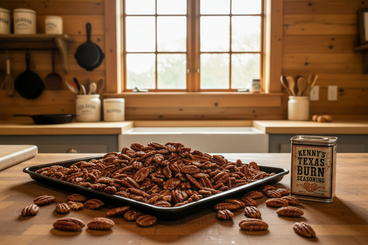 Roasted Pecans in Kenny's Texas Burn seasoning in a 25lb Box.  Each box toasted when you order. Pecans.com offers bulk for your wholesale needs.
