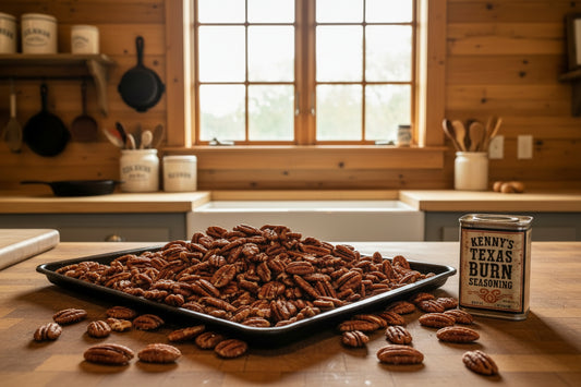 Roasted Pecans in Kenny's Texas Burn seasoning in a 25lb Box.  Each box toasted when you order. Pecans.com offers bulk for your wholesale needs.