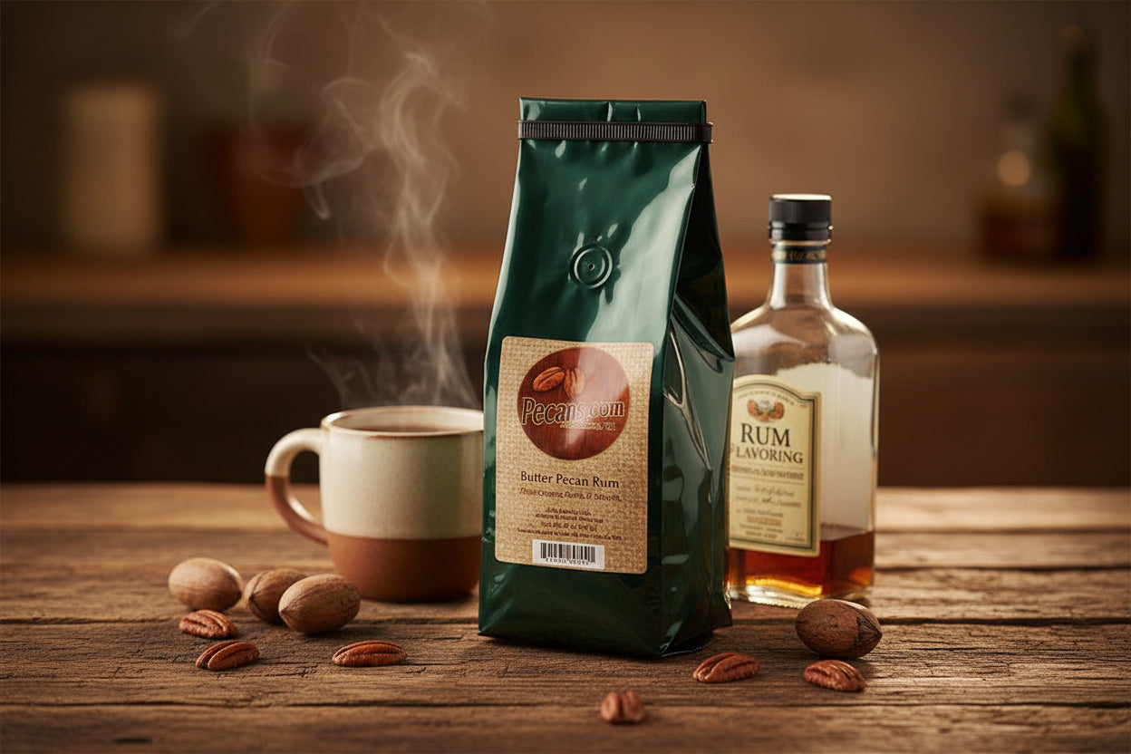 Butter Pecan Rum Coffee, Not just any coffee, but pecan coffee.