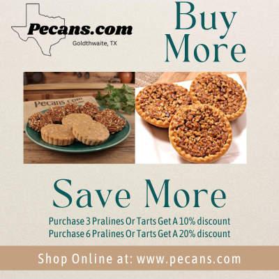 Advertisement for Pecans.com with images of pralines and tarts, and promotional text.