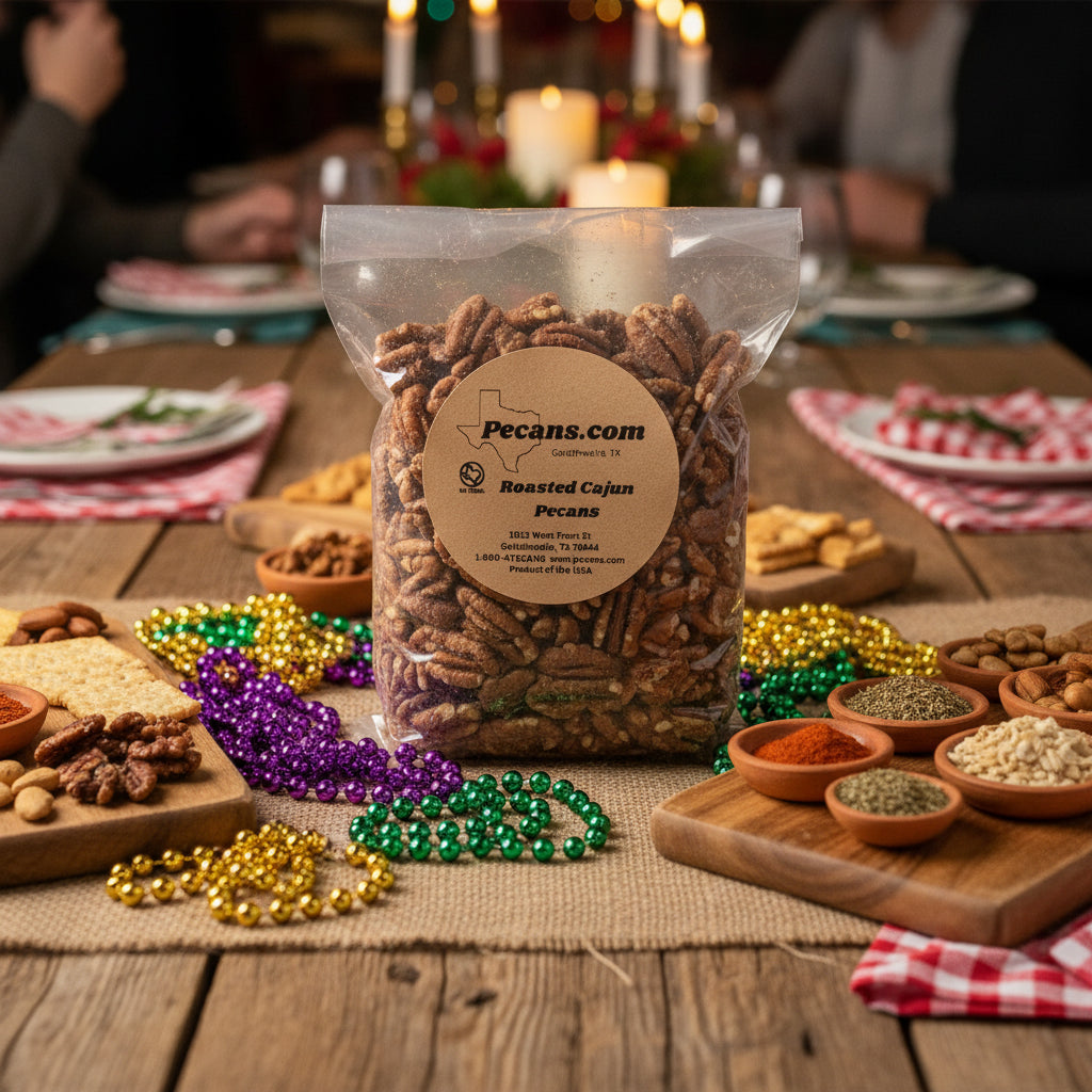 Bag of Cajun spiced pecans on a table with Mardi Gras beads and food items