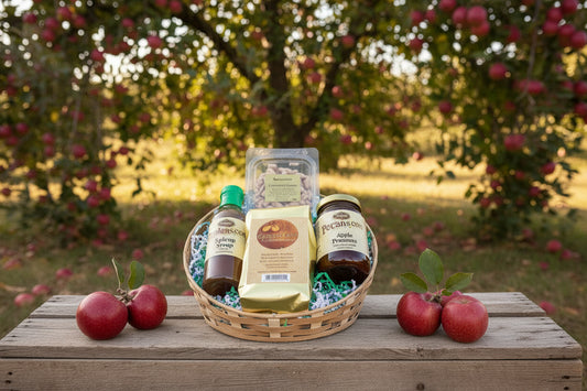 Apple Pie Pecans, Caramel Pecan Coffee, Apple preserves and Apple Pie Syrup in a re-usable wicker basket. for your apple loving friend
