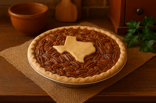 Pecan pie with a Texas shaped crust on top, placed on a wooden table.