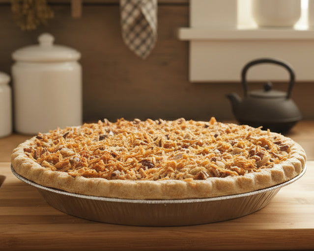 German Chocolate Pecan Pie on a wooden table with a kitchen setting in the background. Pecan Pie with a twist