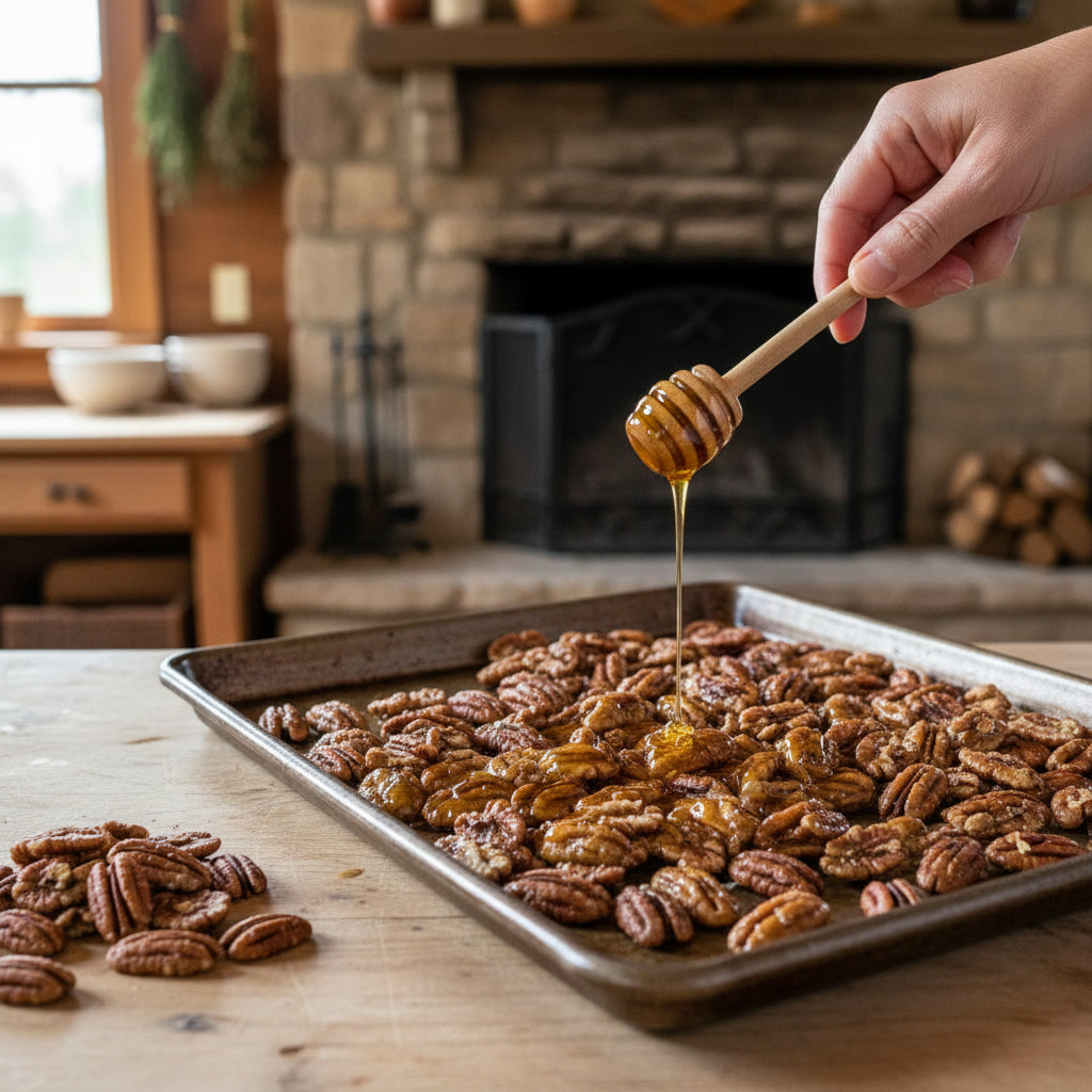 Honey being drizzled over roasted pecans on a baking sheet in a kitchen setting. Honey toasted pecans from Pecans.com