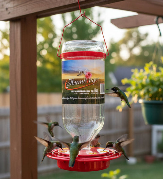 32 ozHummingbird feeder with red base and clear container on a white background