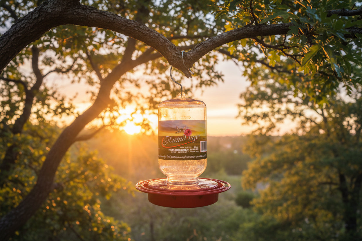 Wide Mouth Plastic 40oz Hummingbird feeder hanging from a tree branch with a sunset background