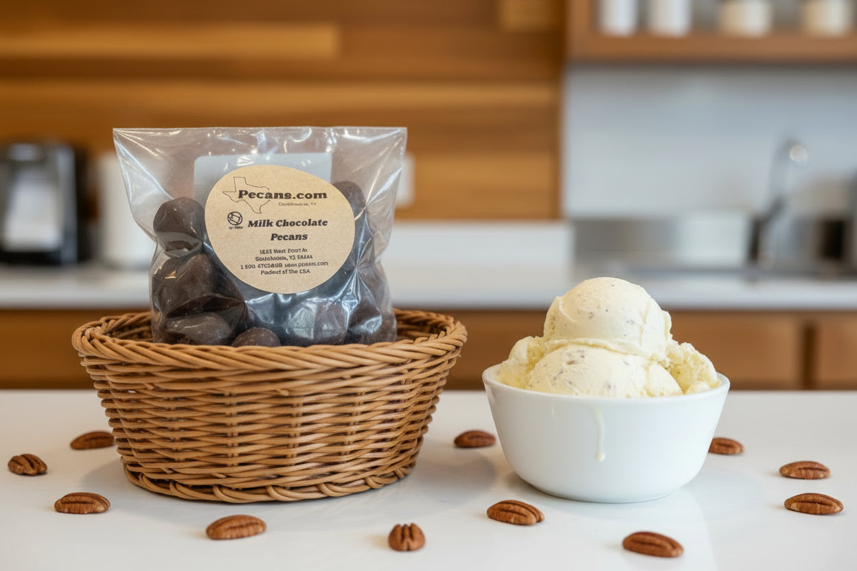 Milk chocolate pecans in a basket with a bowl of ice cream on a kitchen counter.
