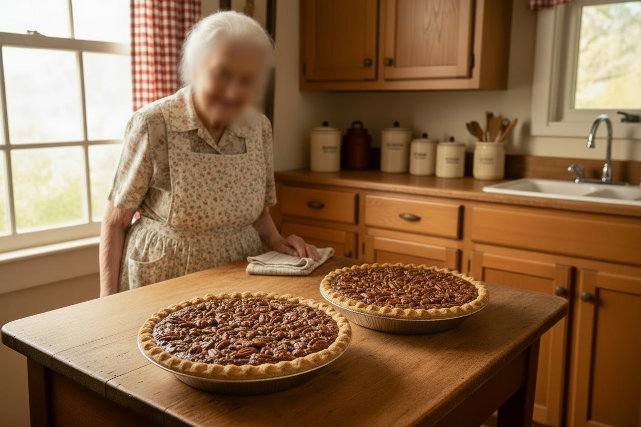 Nana's Fudge Pecan Pie. Just like Nana used to make.  Chocolate pie filling layered with pecans.  