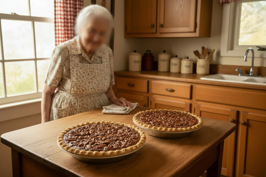Nana's Fudge Pecan Pie. Just like Nana used to make.  Chocolate pie filling layered with pecans.  