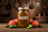 Peach and Jalapeno Preserves.  Like peach preserves? We added a kick of jalapenos to spice up your breakfast.
