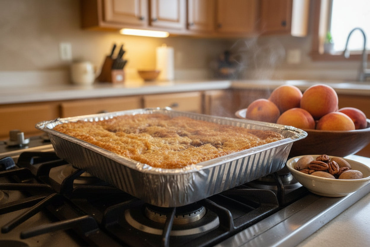 Pecans.com peach pecan cobbler.  A classic peach cobbler with a flare of pecans to add to the Texas experience.