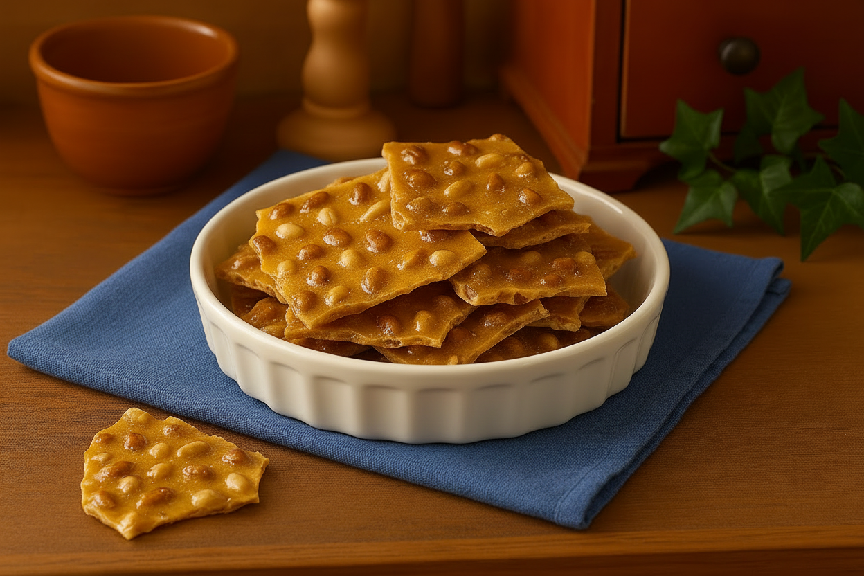 Peanut brittle in a bowl on a blue napkin with a wooden background