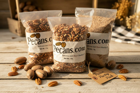 Three bags of pecans from Pecans.com, Halves, pieces and meal, on a wooden surface with scattered pecans. Great Pantry Staple Pack.