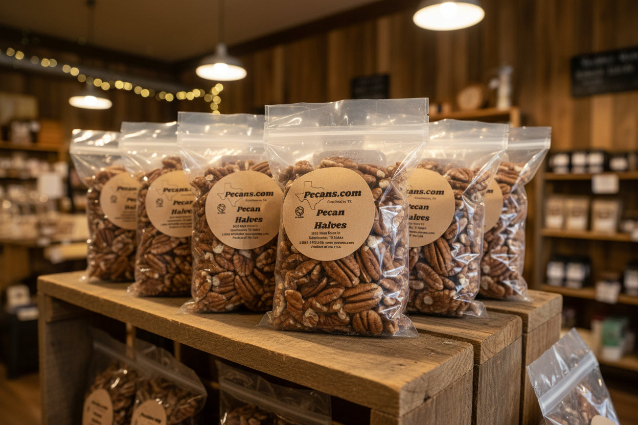 Packages of pecans on a wooden pallet in a store setting