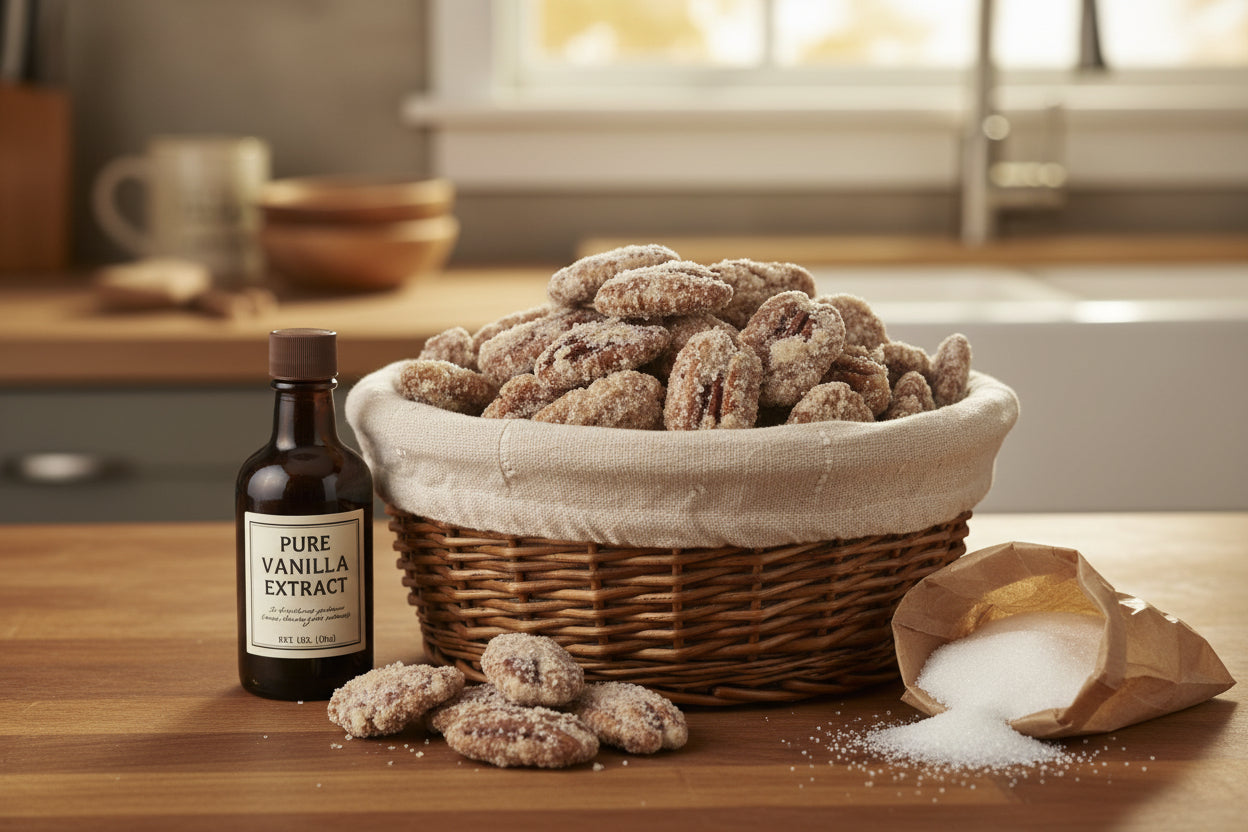 Bag of praline frosted pecans with a Pecans.com label on a red background