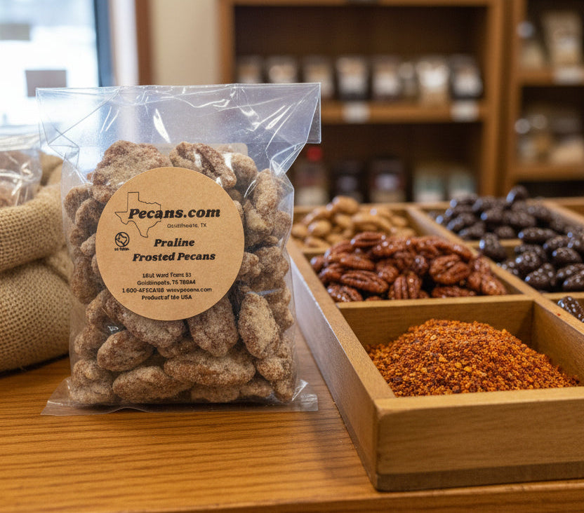 Praline frosted pecans, made fresh in Pecans.com's kitchen.