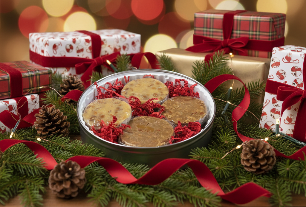 one dozen Pecan Praline Candies in a Christmas Tin